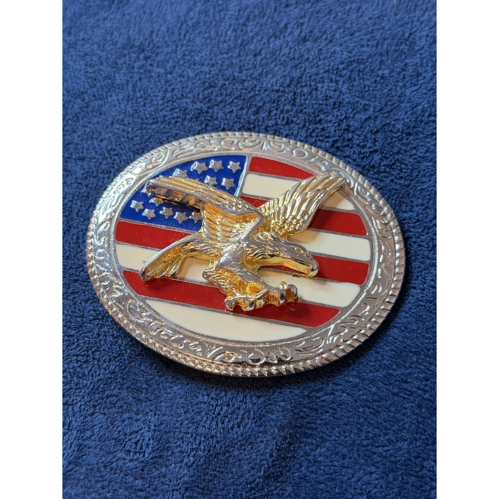 United States Golden Eagle Flag Belt Buckle Vintage Mens Made In Italy Patriotic